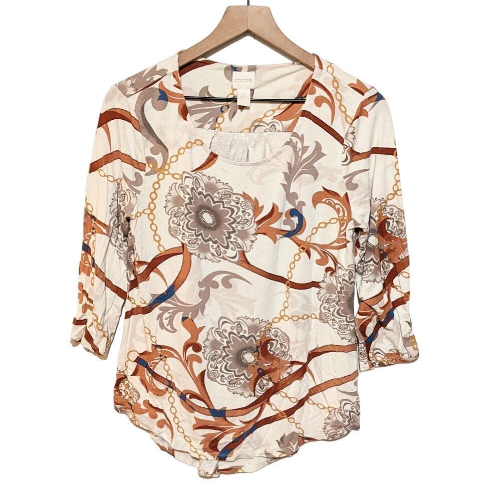 Chico's Top Womens M Beige Orange Vine Chain Link Print 3/4 Sleeve Back Pleat 1